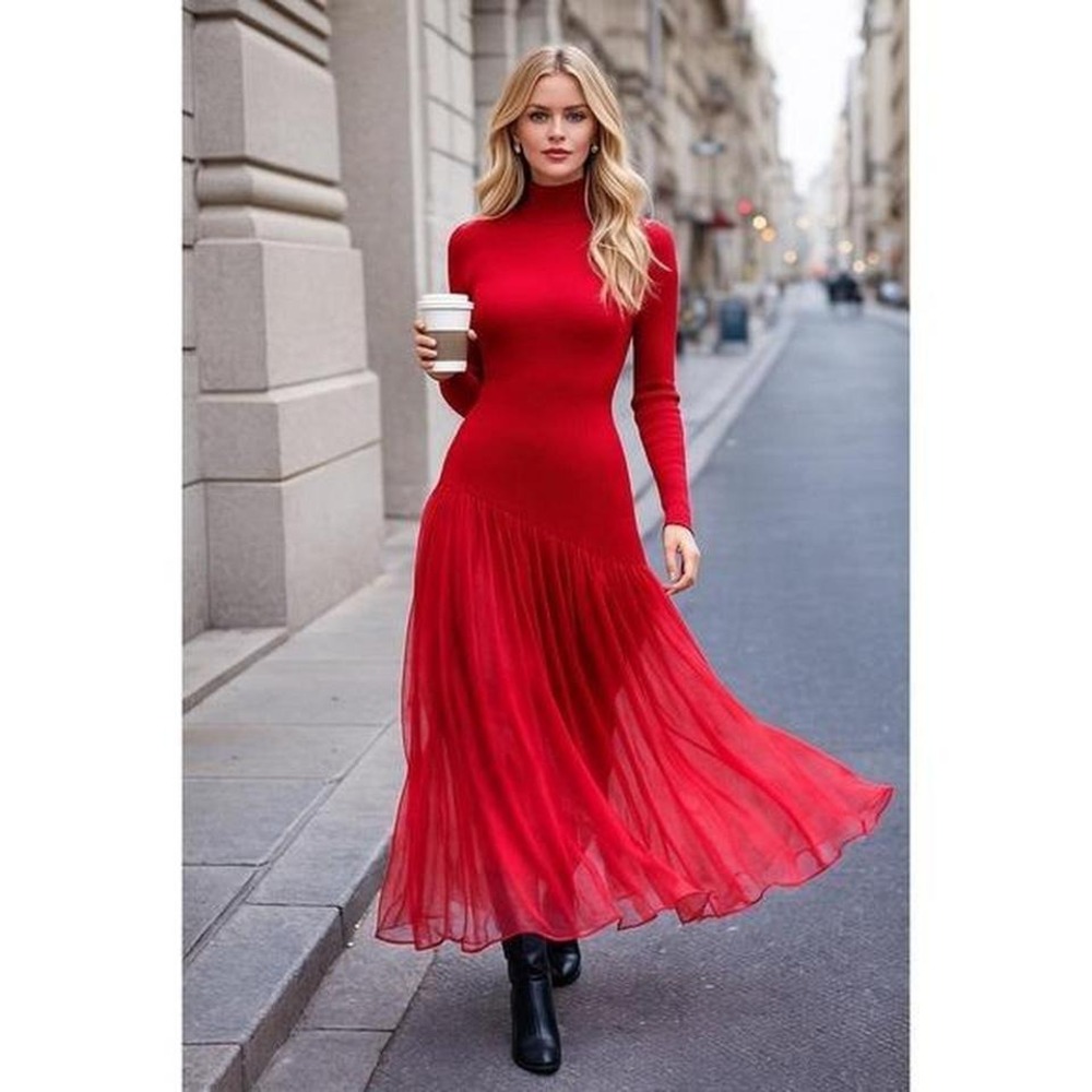 Commense Red‎ Knit Maxi Dress Turtleneck Long Sleeve Evening Cocktail Dress